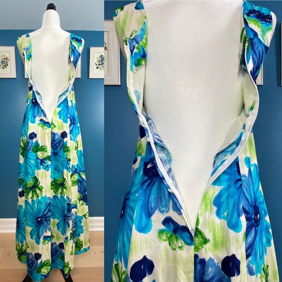 Hawaiian White Blue/Green Floral Print Maxi Dress - Picture 4 of 9